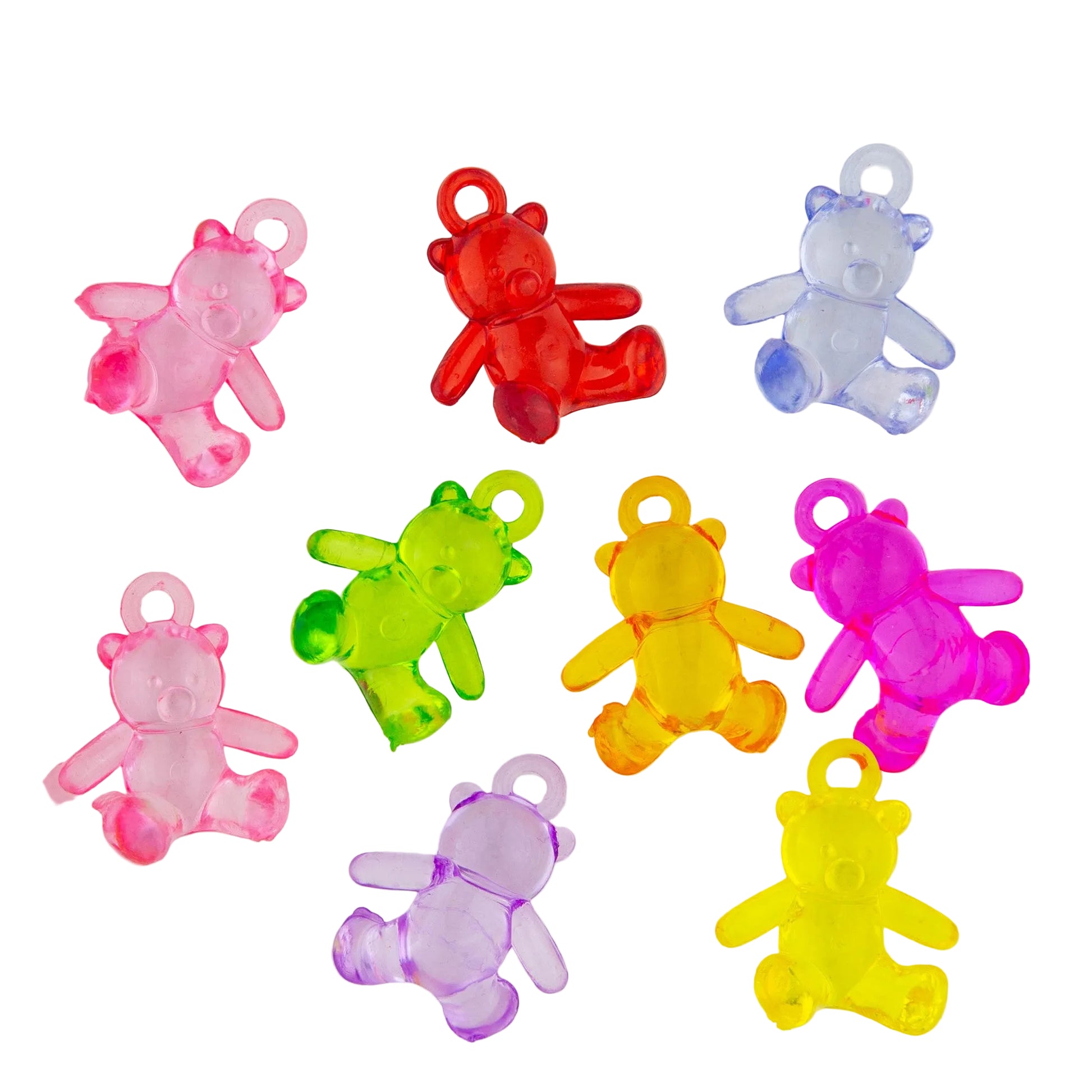 Nine translucent teddy bear charms in various colors including pink, red, blue, green, yellow, and purple, arranged on a plain white background.
