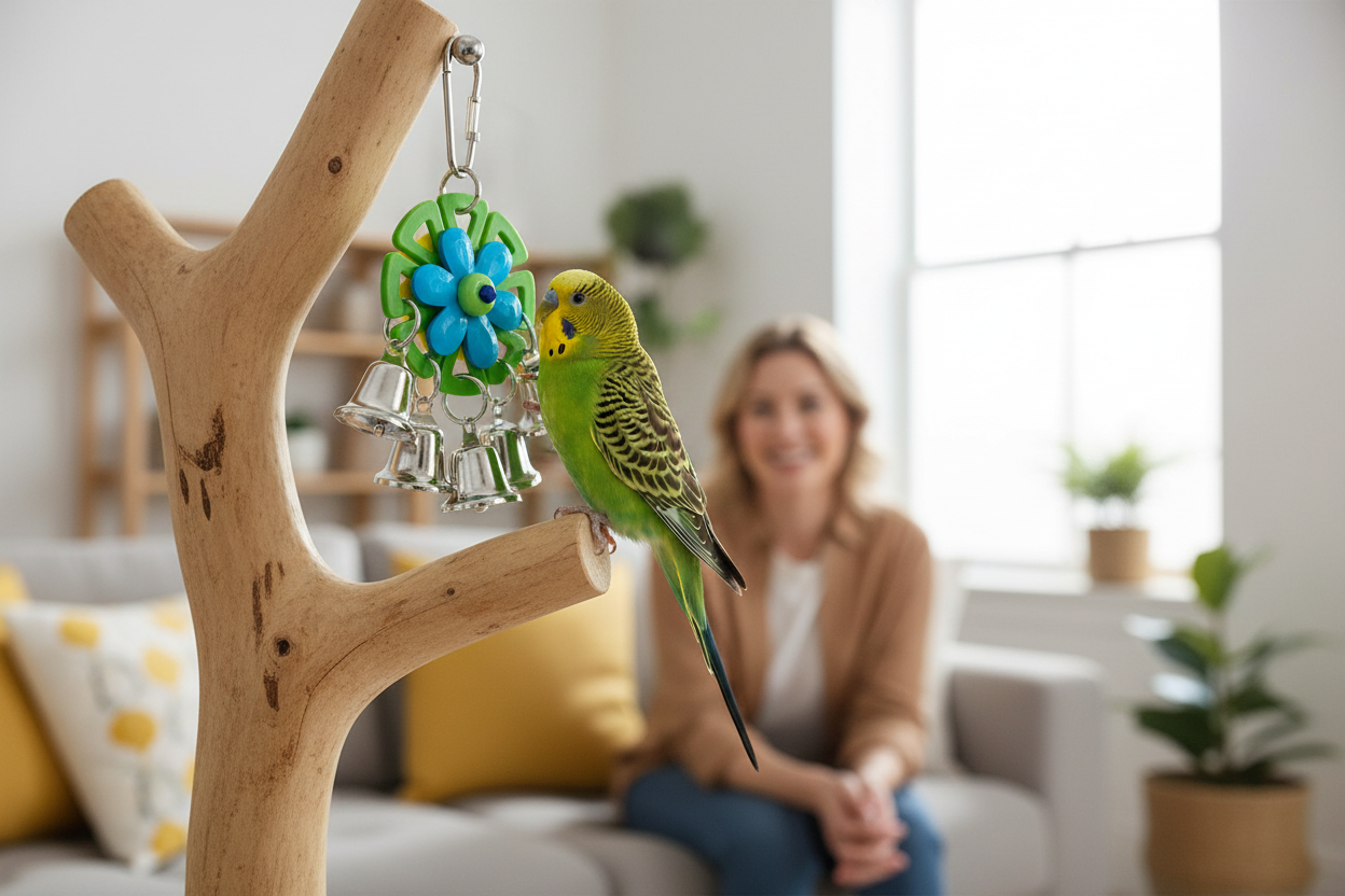 Budgie playing with Lazy Daisy Bells under supervision