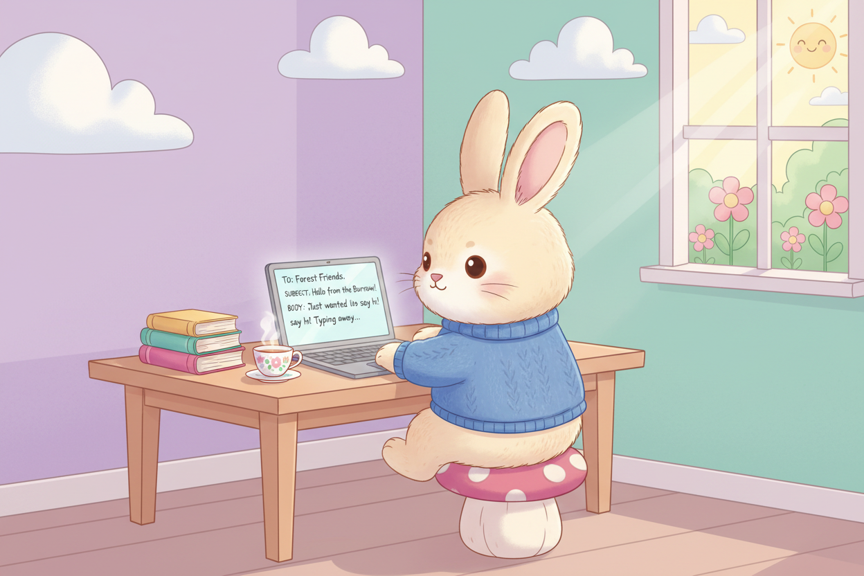 I need two images. They need to be the same style. One is a bunny sending and email from a laptop. THe other image is a parrot talking on a cell phone.