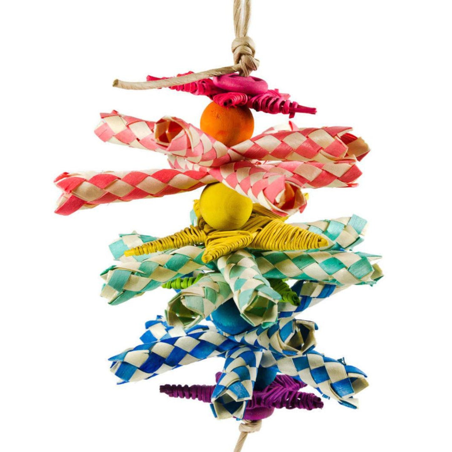 Colorful bird toy with checkered pattern bamboo shredders, vine stars and wooden beads on a white background