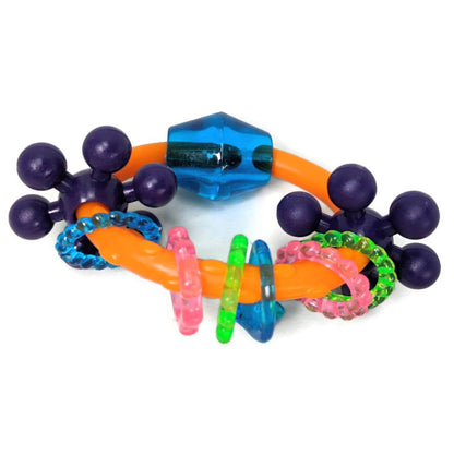 Colorful foot toy for parrots, features multiple spinning and sliding rings.