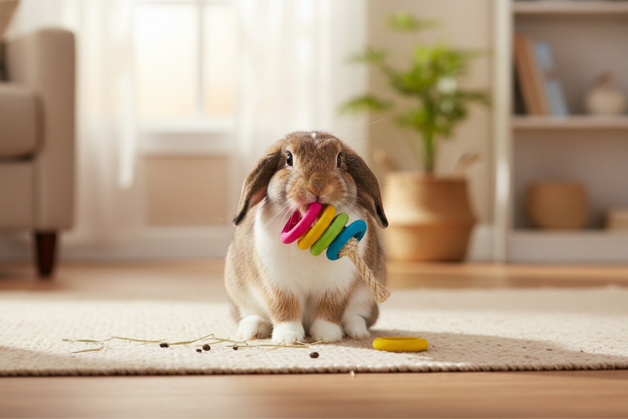 Rabbit playing with Rainbow Rings on Sisal toy