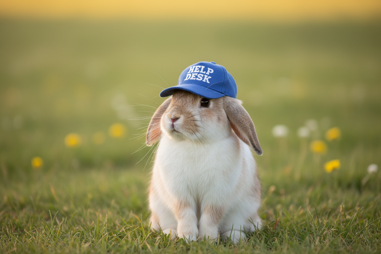 Rabbit wearing help desk baseball cap