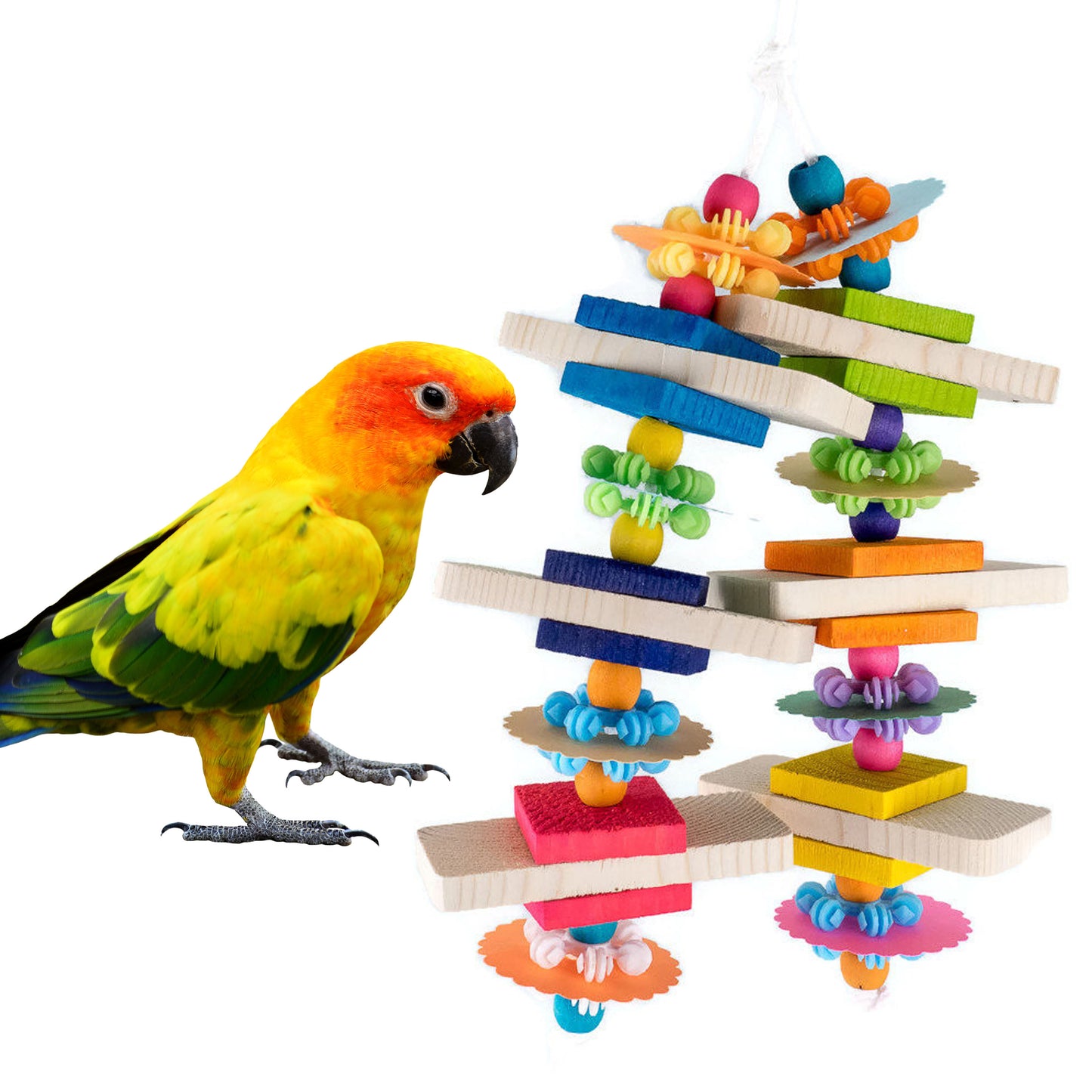 A colorful hanging bird toy made of wood, with various colored wooden blocks and beads, and a yellow bird perched near it.