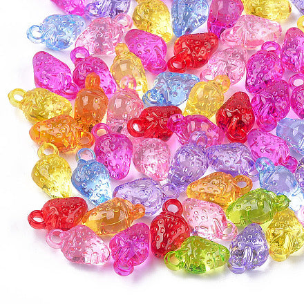 Assorted transparent strawberry charms for bird toys, sugar glider toys, jewelry, and DIY crafts.