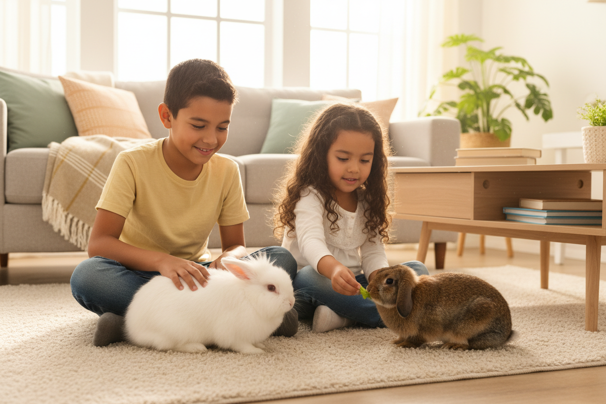 Two Latino children with two pet rabbits